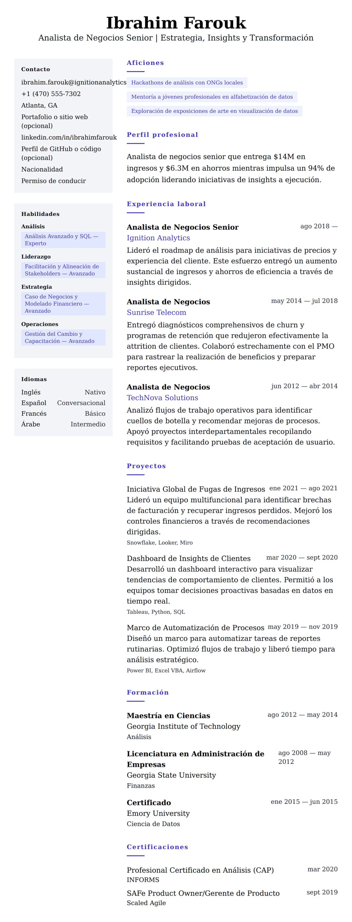 Vista previa del currículum Ejemplo de Currículum de Analista de Negocios Senior