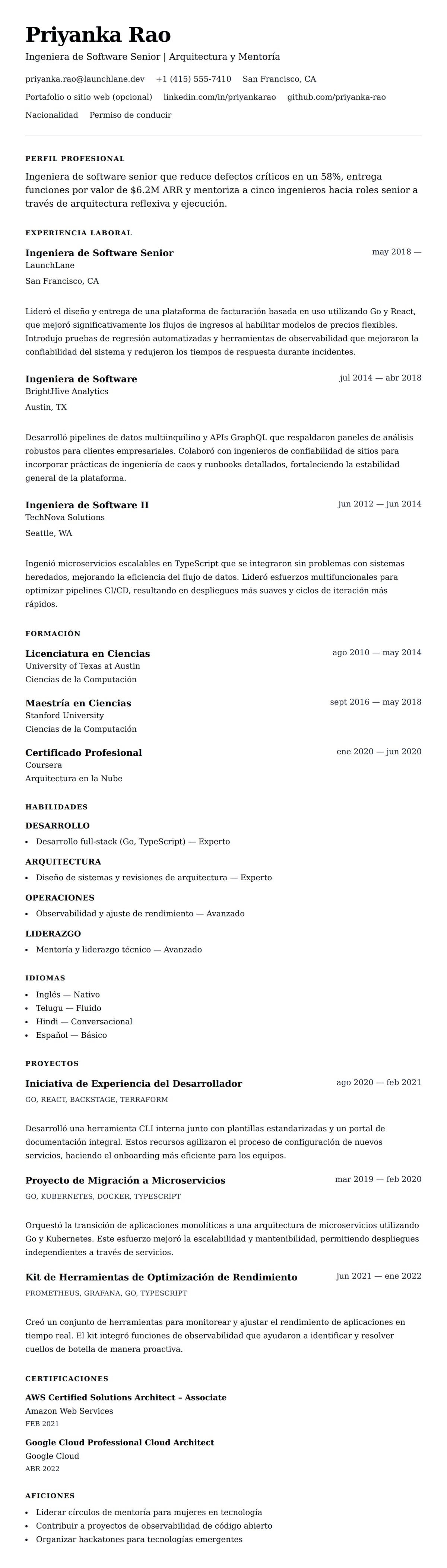 Vista previa del currículum Ejemplo de Currículum de Ingeniero de Software Senior