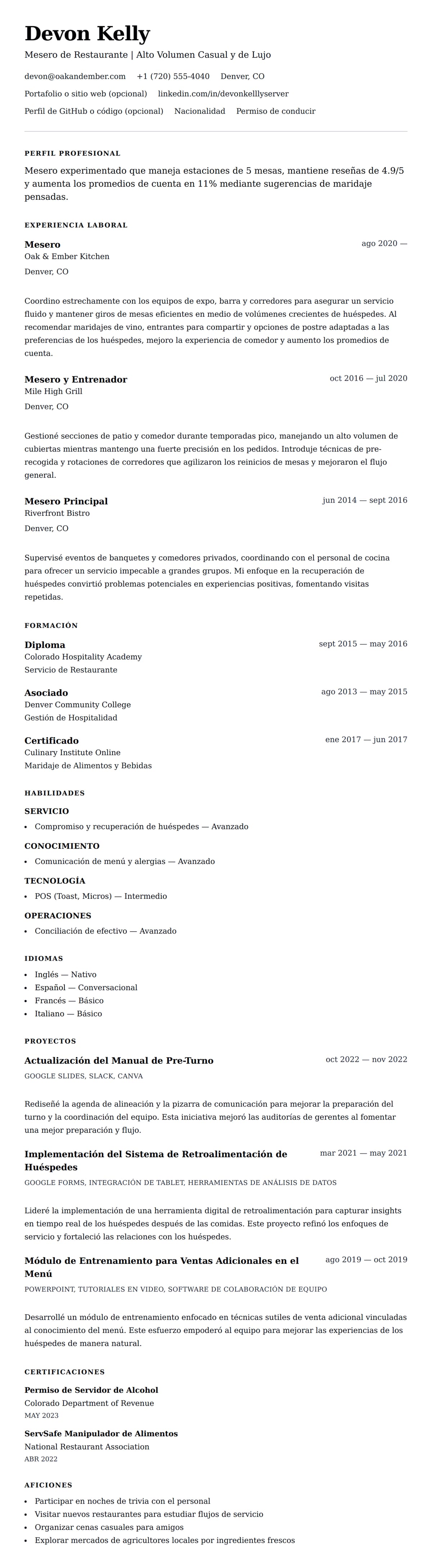 Vista previa del currículum Ejemplo de Currículum de Mesero