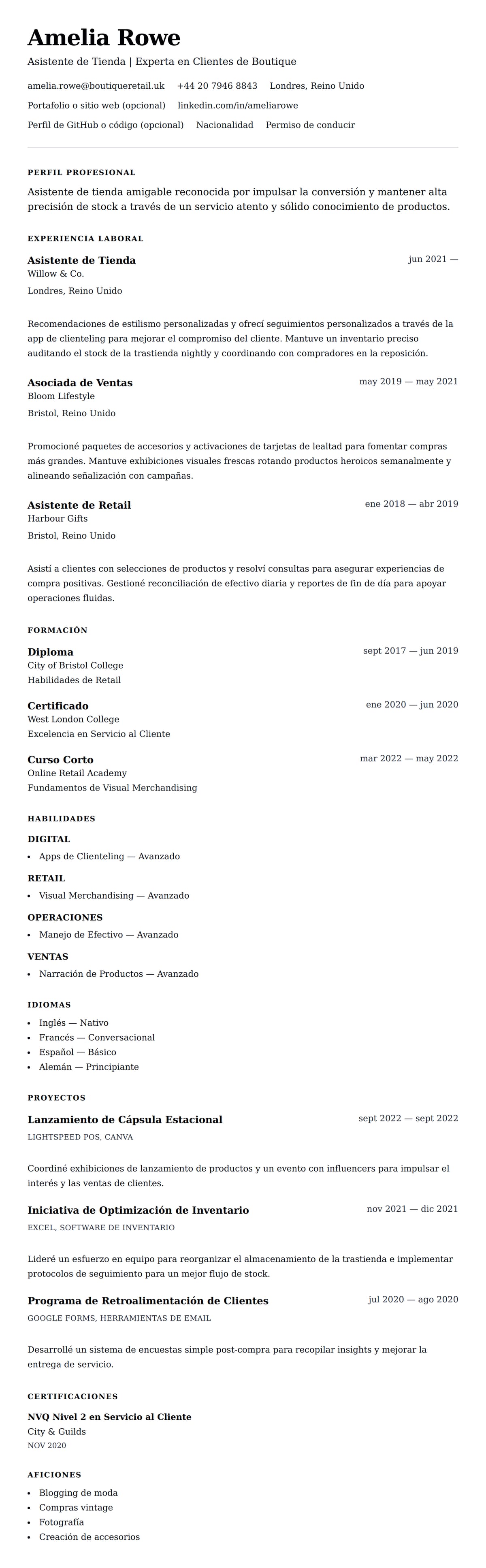 Vista previa del currículum Ejemplo de Currículum de Asistente de Tienda