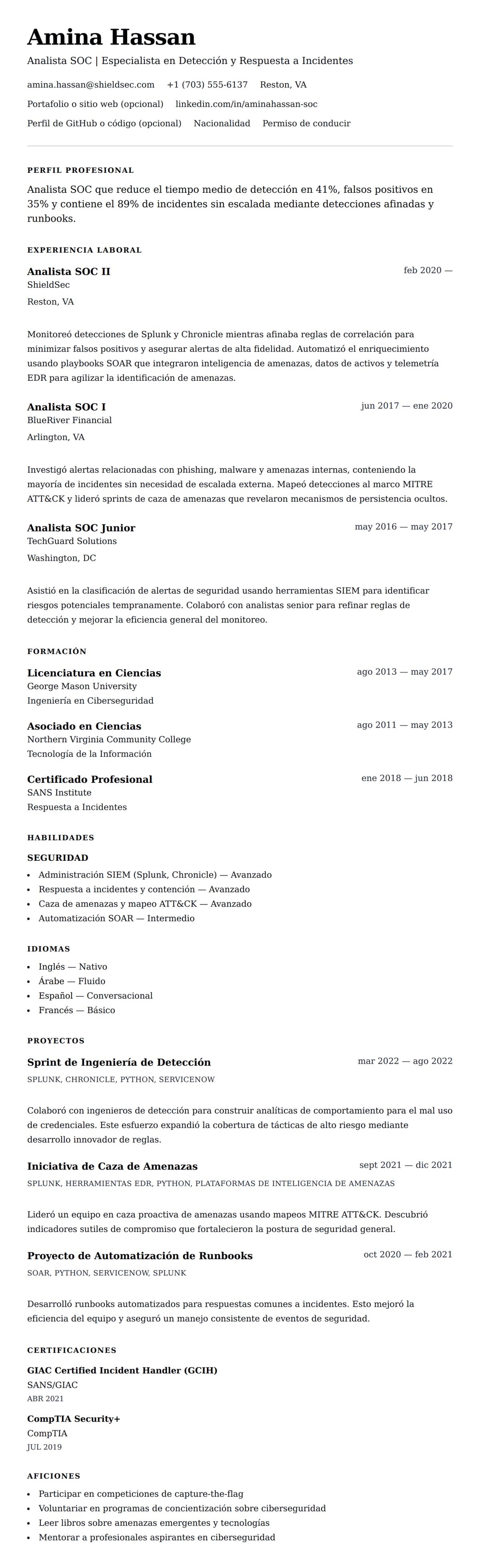 Vista previa del currículum Ejemplo de Currículum de Analista SOC