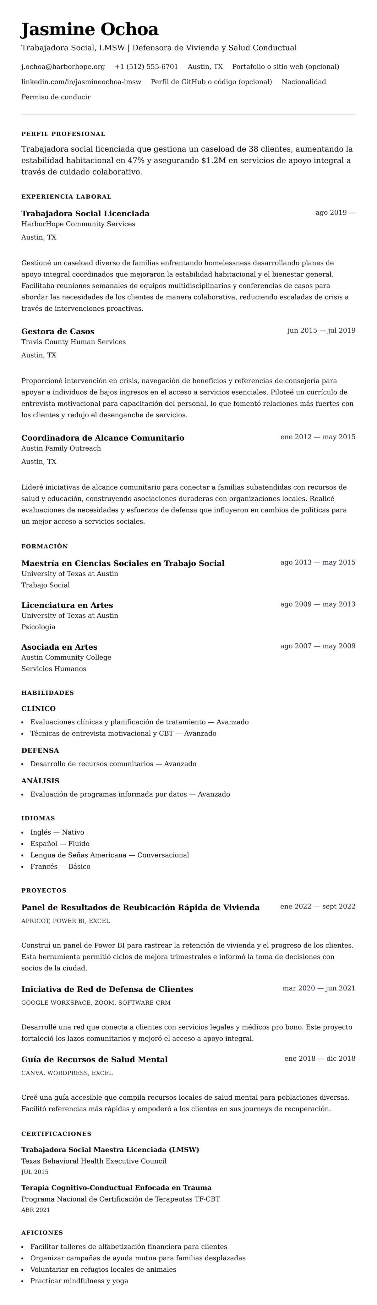 Vista previa del currículum Ejemplo de Currículum de Trabajador Social