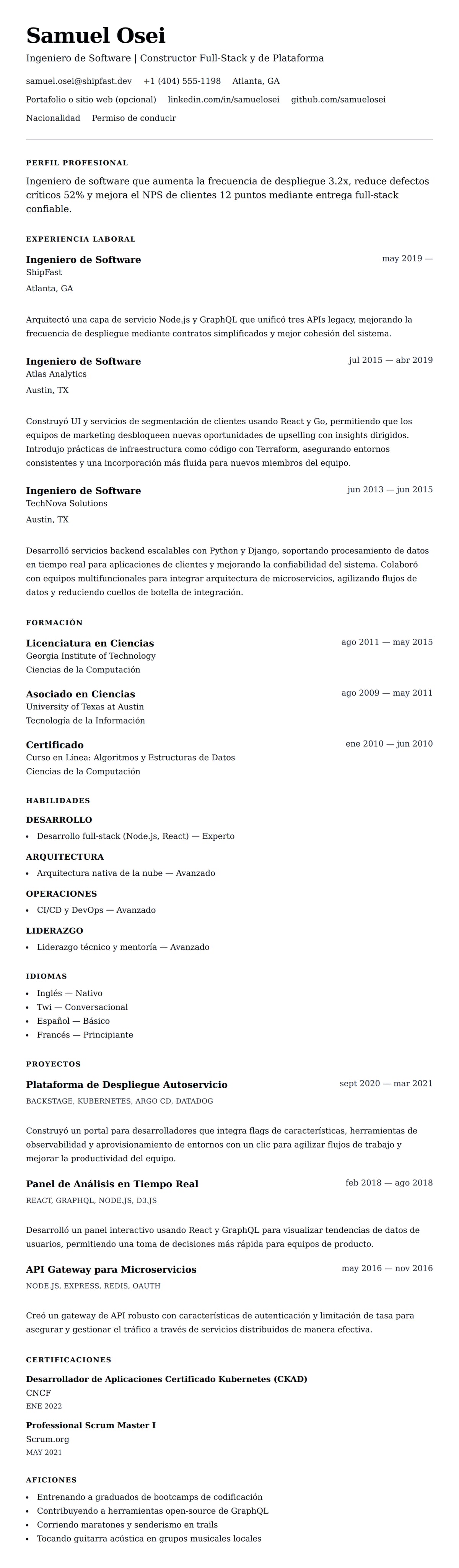 Vista previa del currículum Ejemplo de Currículum de Ingeniero de Software