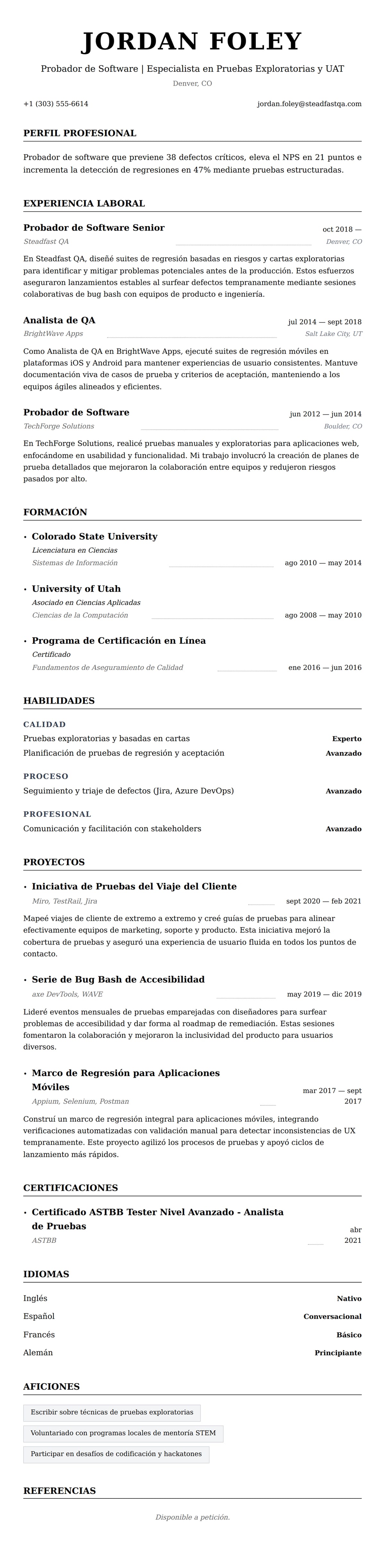 Vista previa del currículum Ejemplo de Currículum de Probador de Software