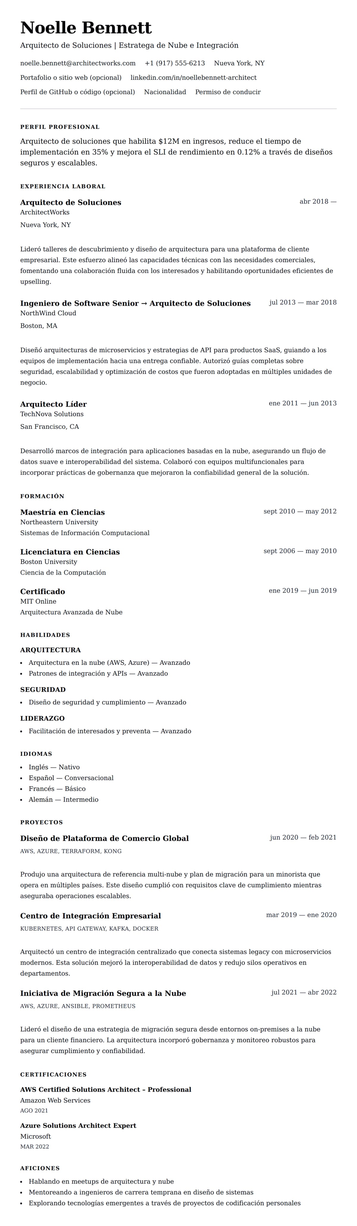Vista previa del currículum Ejemplo de Currículum de Arquitecto de Soluciones