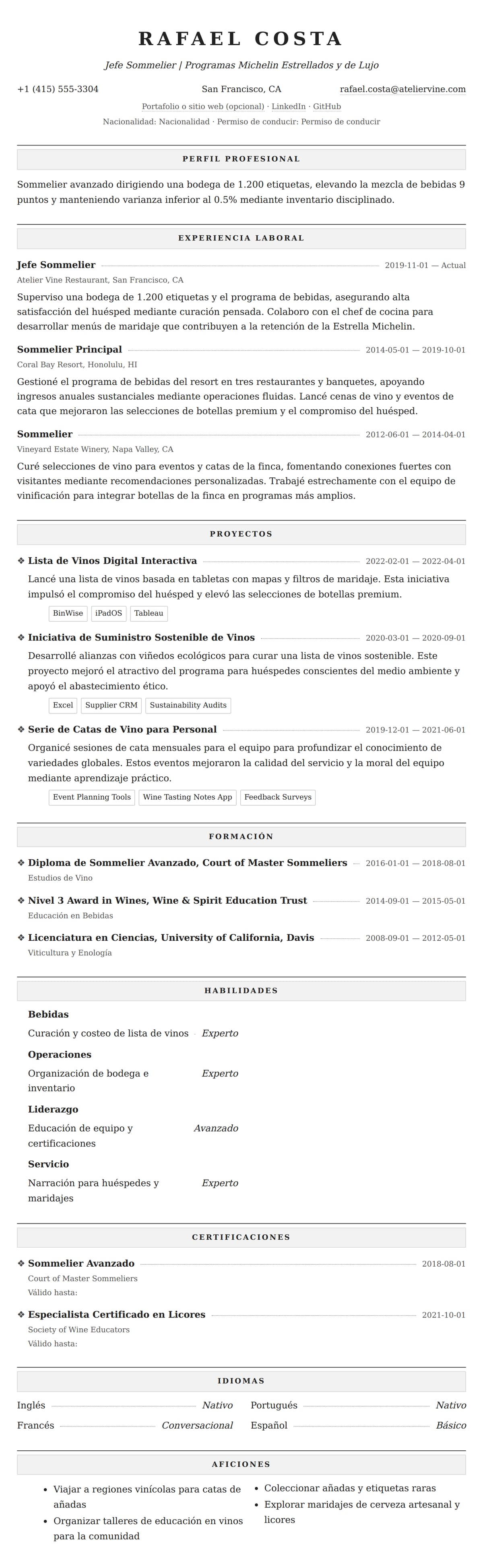 Vista previa del currículum Ejemplo de Currículum de Sommelier