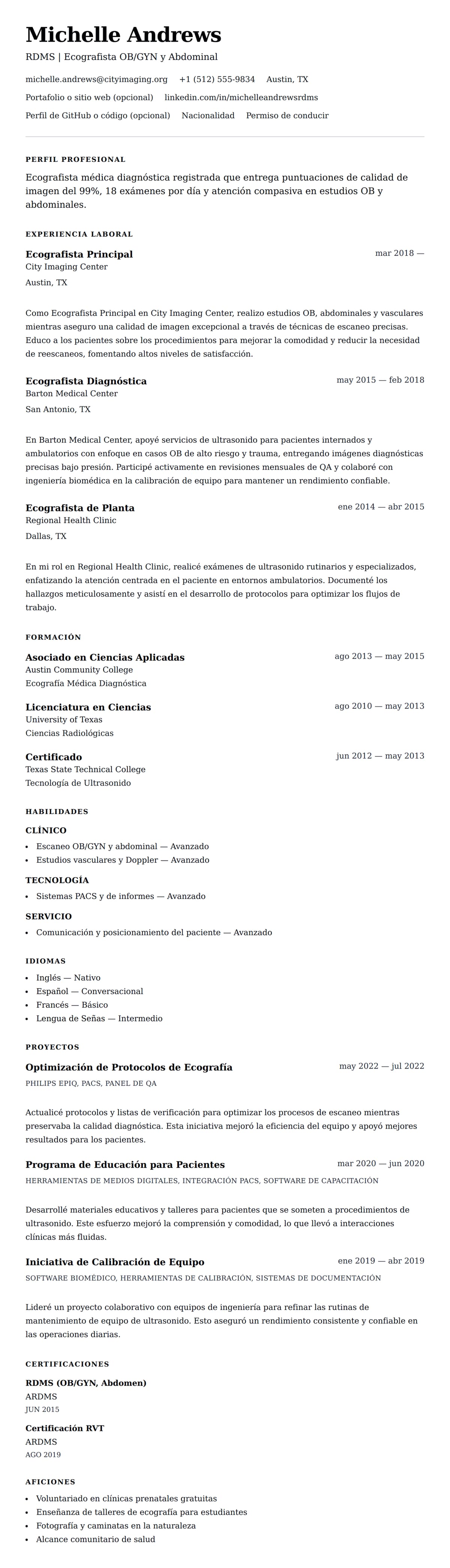 Vista previa del currículum Ejemplo de Currículum de Ecografista