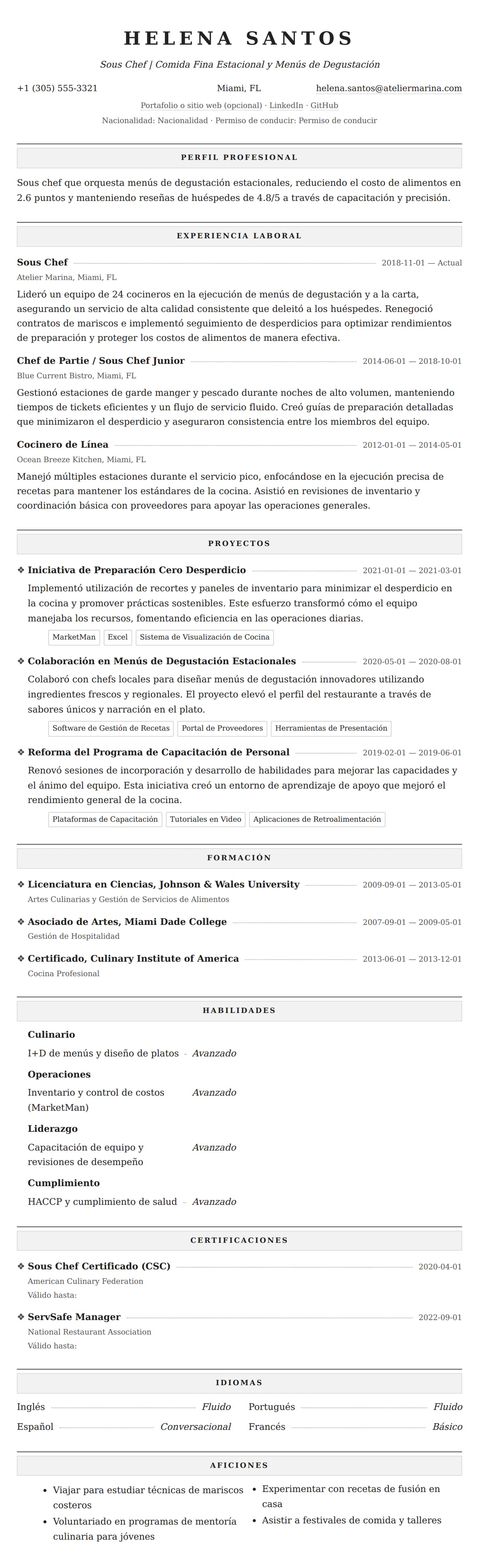 Vista previa del currículum Ejemplo de Currículum de Sous Chef
