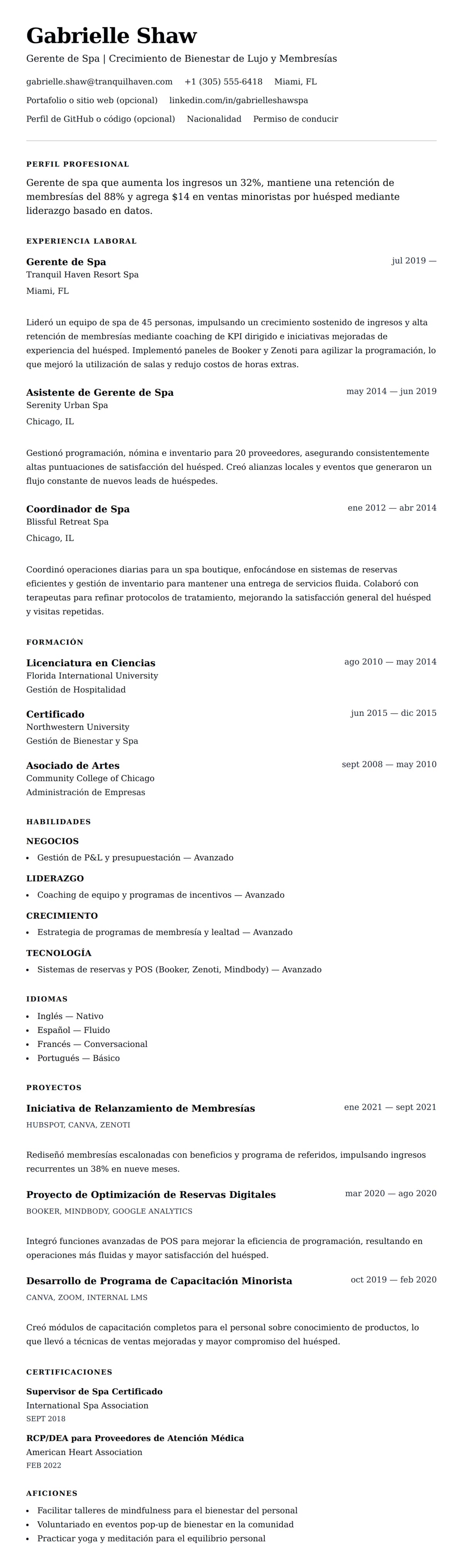 Vista previa del currículum Ejemplo de Currículum de Gerente de Spa