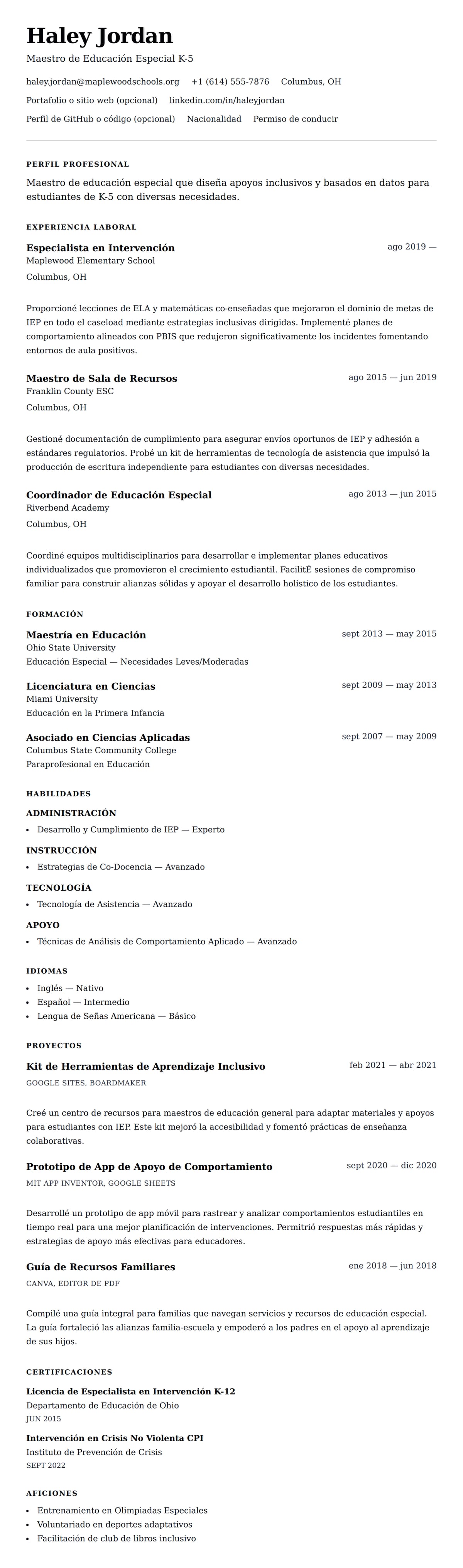 Vista previa del currículum Ejemplo de Currículum de Maestro de Educación Especial