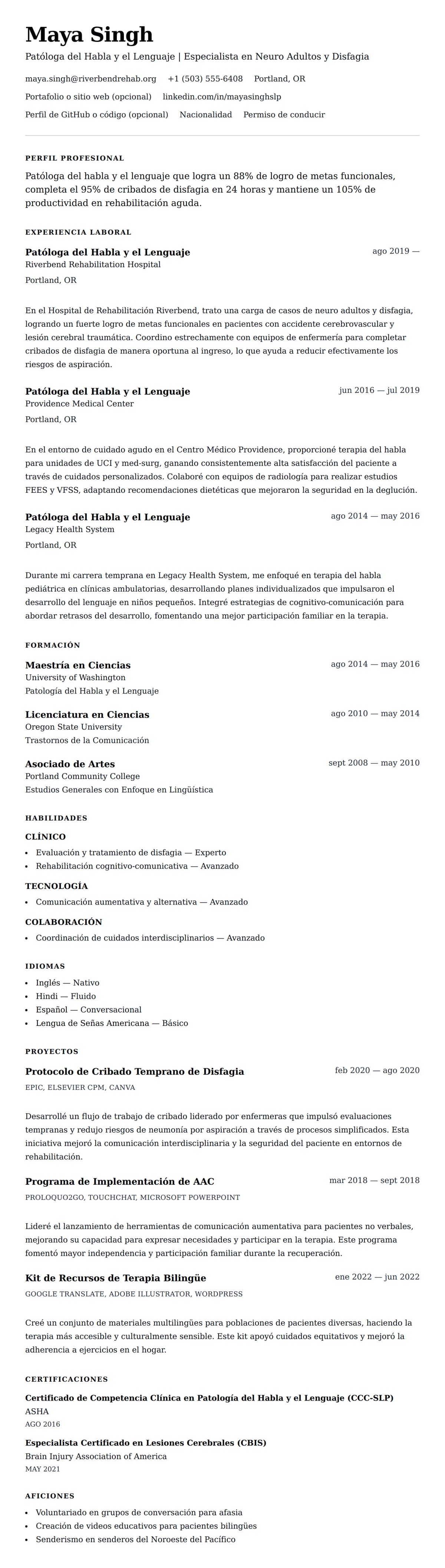 Vista previa del currículum Ejemplo de Currículum de Patólogo del Habla y el Lenguaje (SLP)