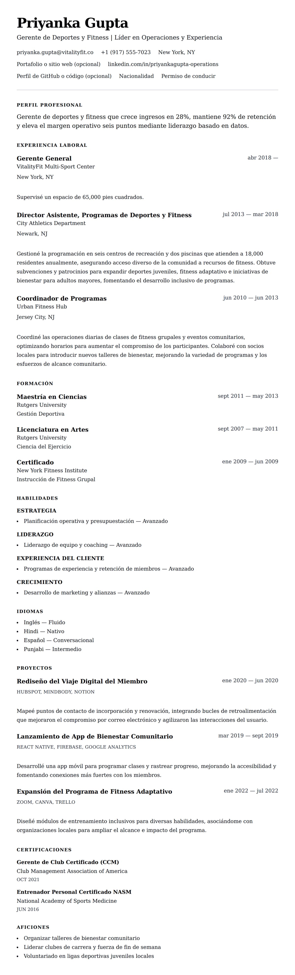 Vista previa del currículum Ejemplo de Currículum de Gerente de Deportes y Fitness