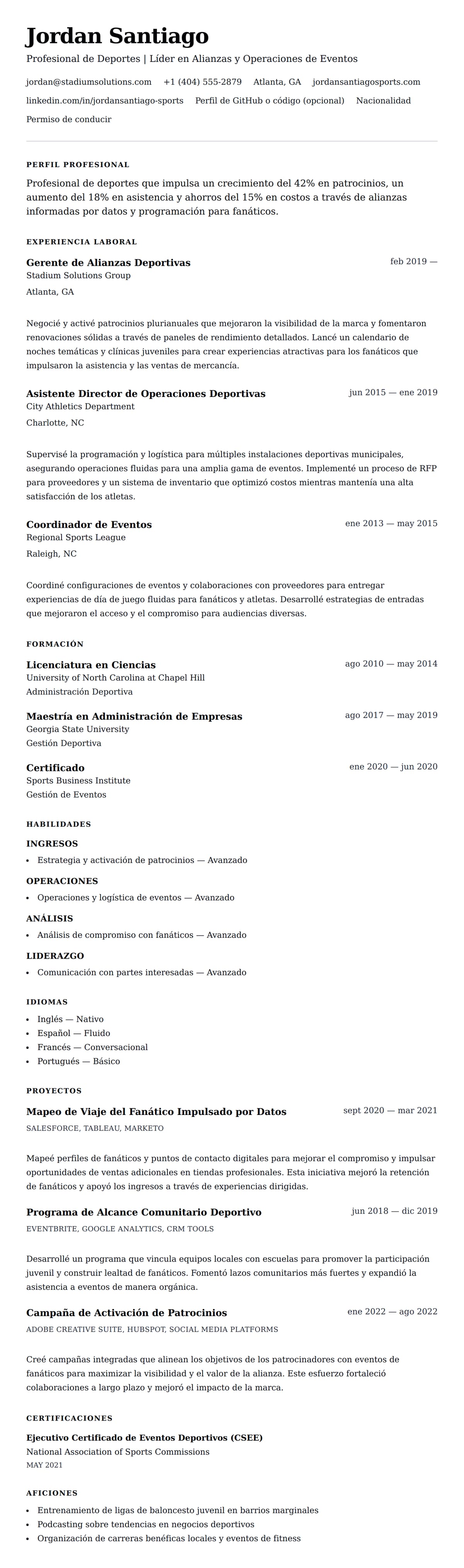 Vista previa del currículum Ejemplo de Currículum de Profesional de Deportes