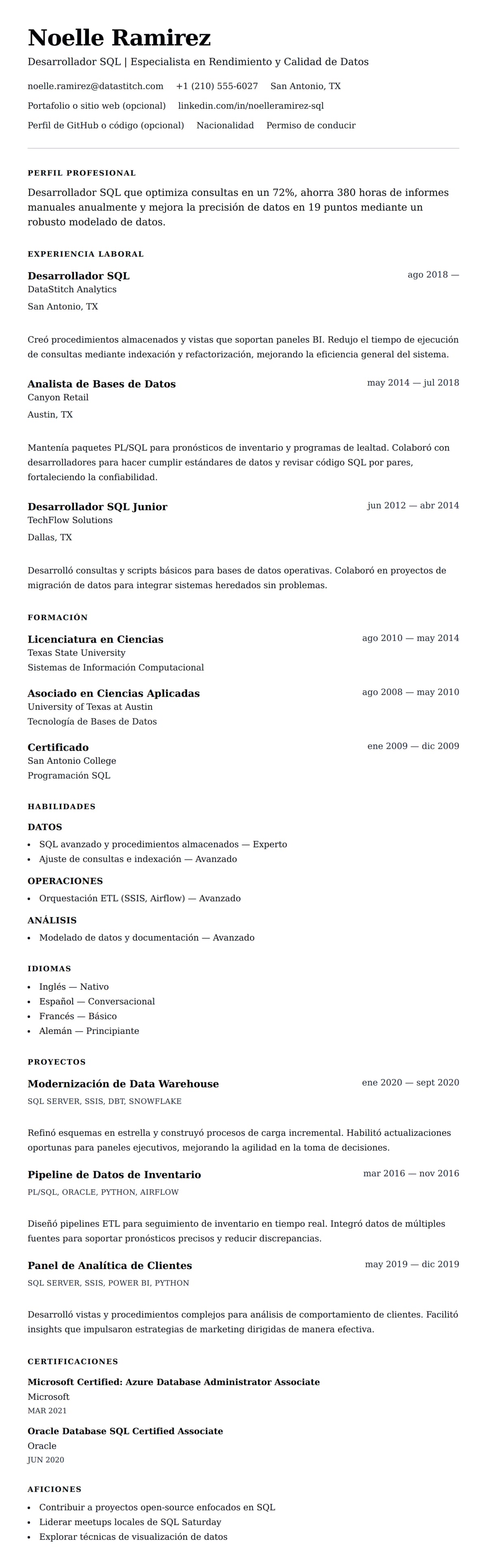 Vista previa del currículum Ejemplo de Currículum de Desarrollador SQL