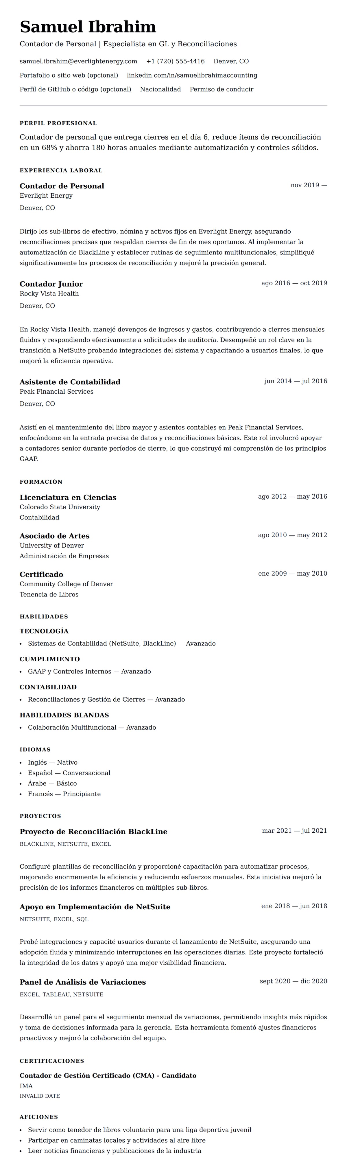 Vista previa del currículum Ejemplo de Currículum de Contador de Personal