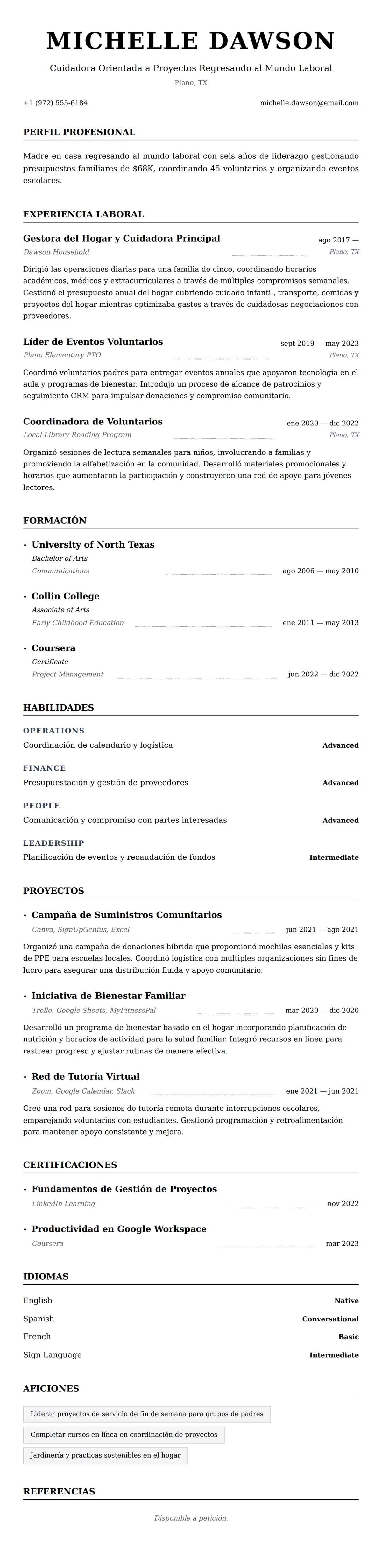 Vista previa del currículum Ejemplo de Currículum de Madre en Casa