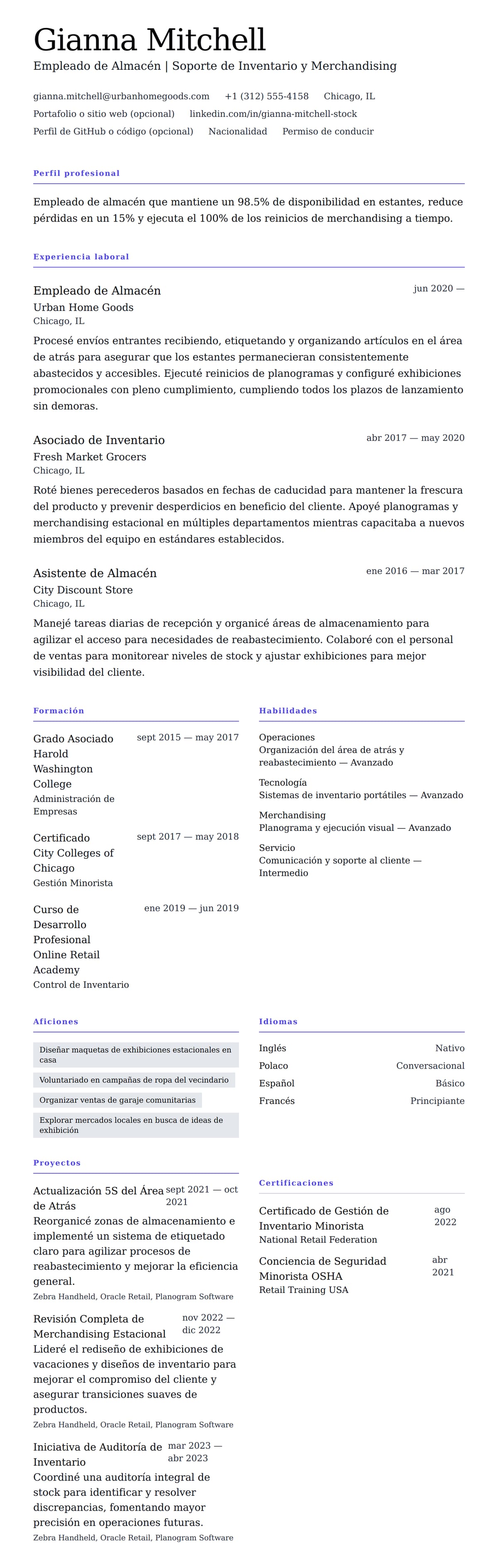 Vista previa del currículum Ejemplo de Currículum de Empleado de Almacén