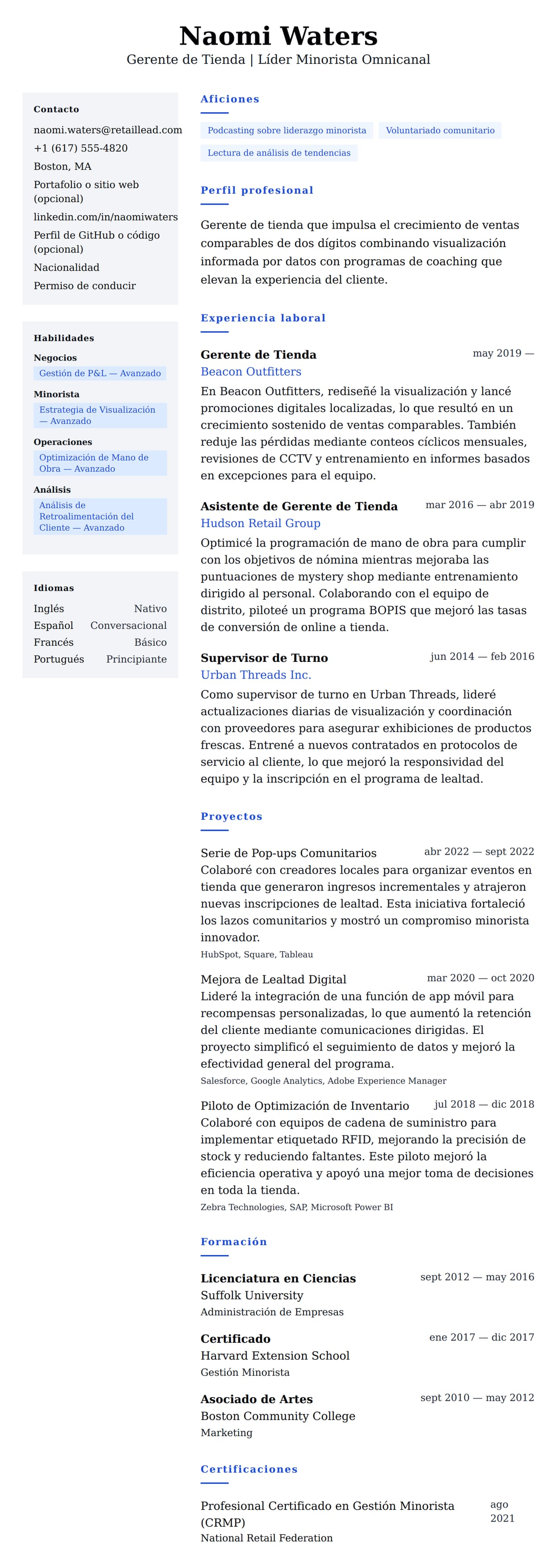 Vista previa del currículum Ejemplo de Currículum de Gerente de Tienda
