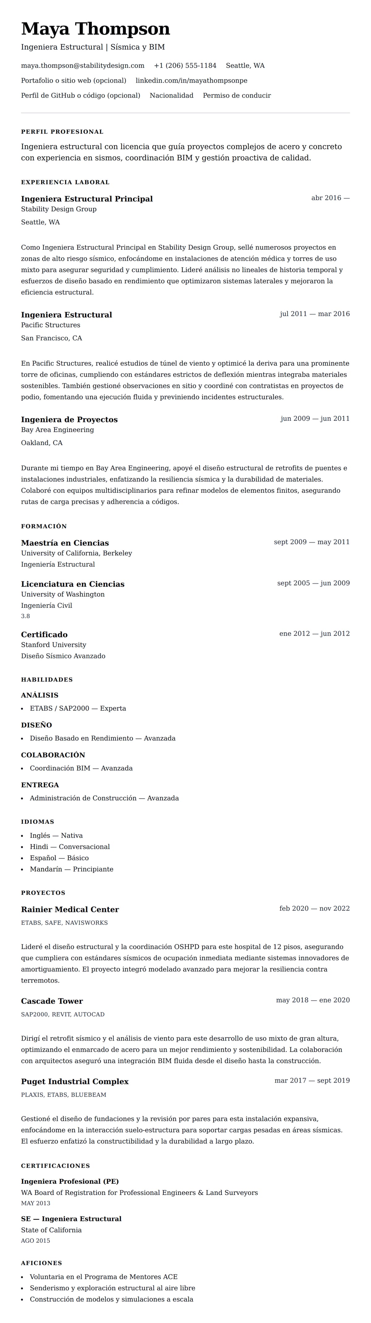 Vista previa del currículum Ejemplo de Currículum de Ingeniero Estructural