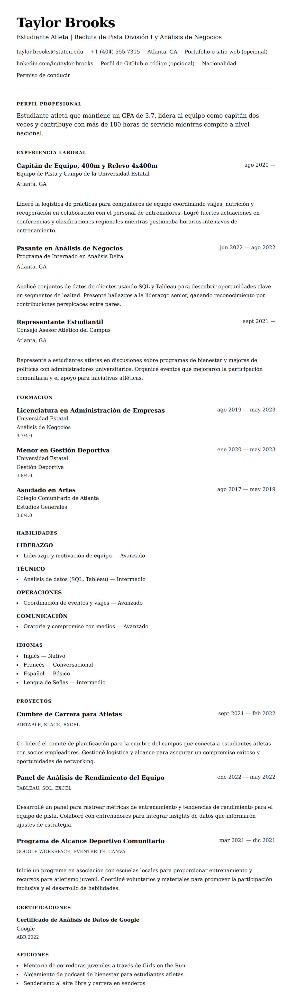 Vista previa del currículum Ejemplo de Currículum de Estudiante Atleta