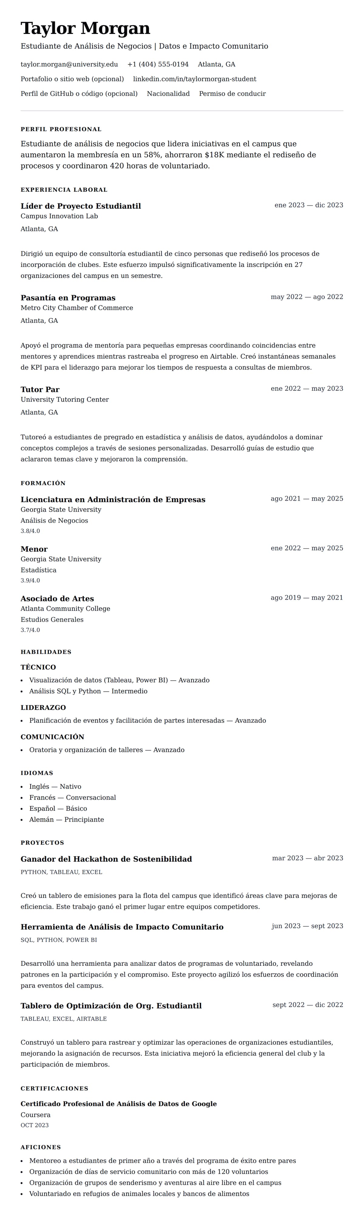 Vista previa del currículum Ejemplo de Currículum para Estudiantes