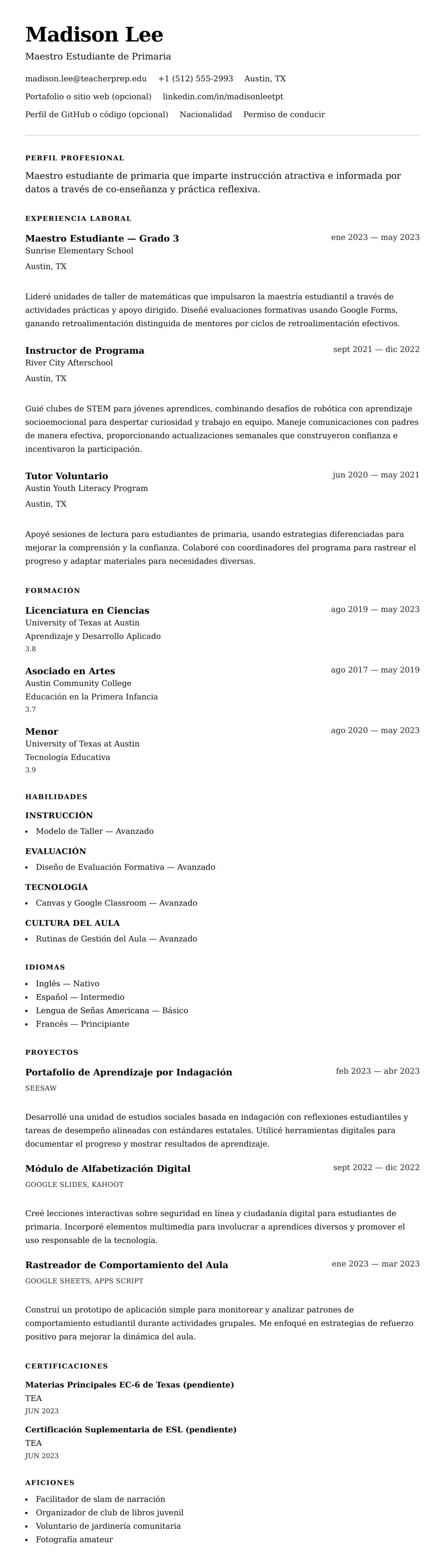 Vista previa del currículum Ejemplo de Currículum de Maestro Estudiante