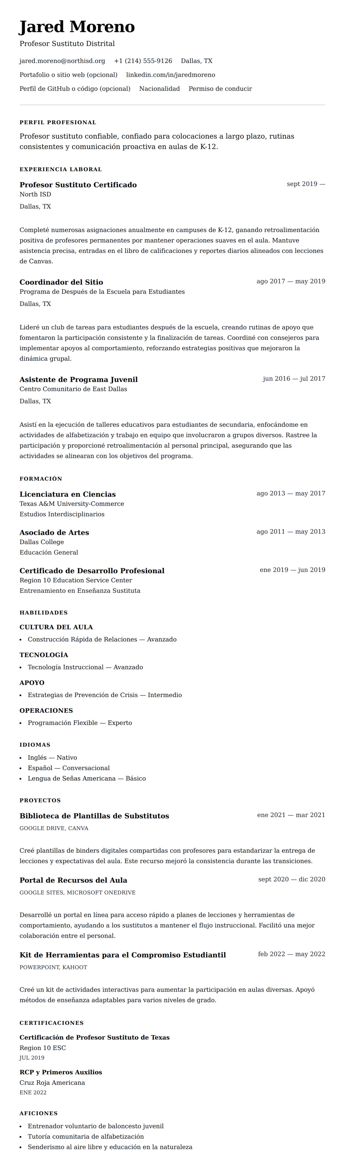 Vista previa del currículum Ejemplo de Currículum de Profesor Sustituto