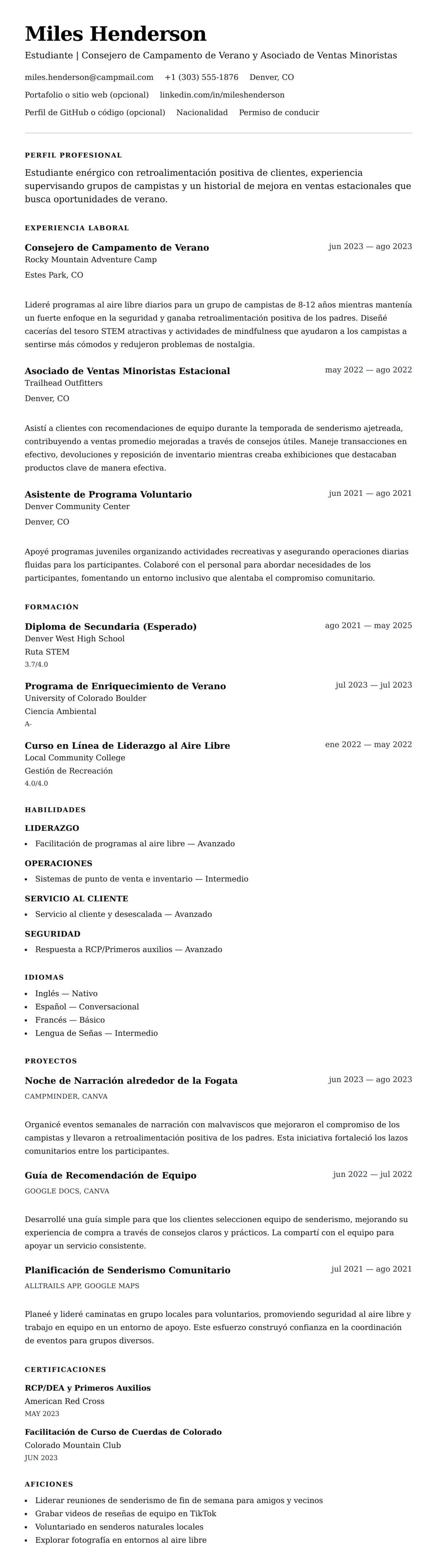Vista previa del currículum Ejemplo de Currículum para Trabajo de Verano