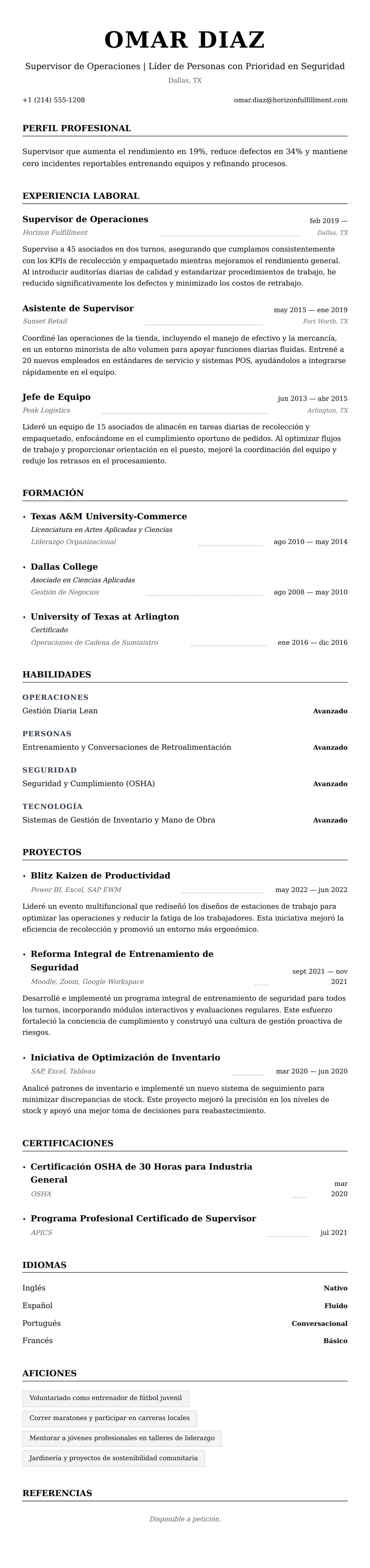 Vista previa del currículum Ejemplo de Currículum de Supervisor