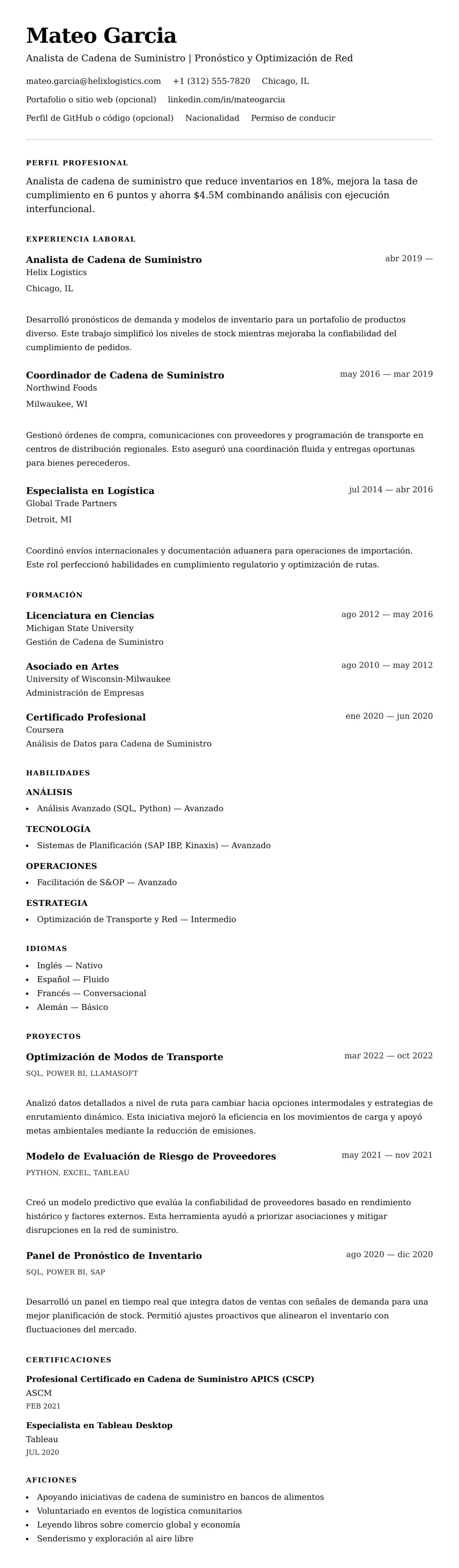 Vista previa del currículum Ejemplo de Currículum de Analista de Cadena de Suministro