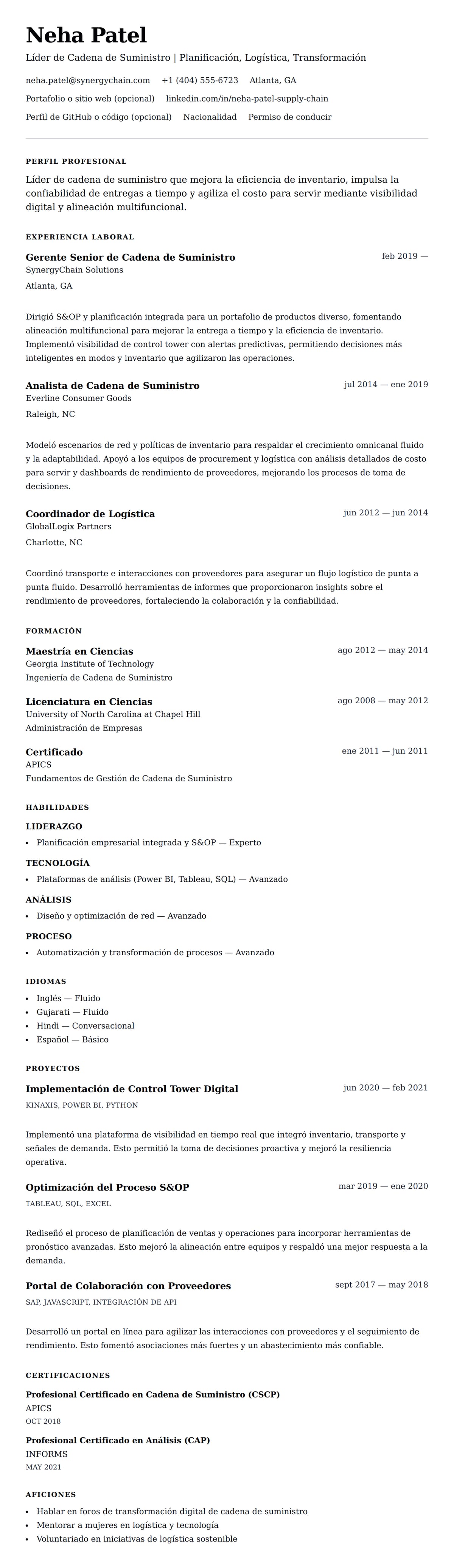Vista previa del currículum Ejemplo de Currículum de Profesional de Cadena de Suministro