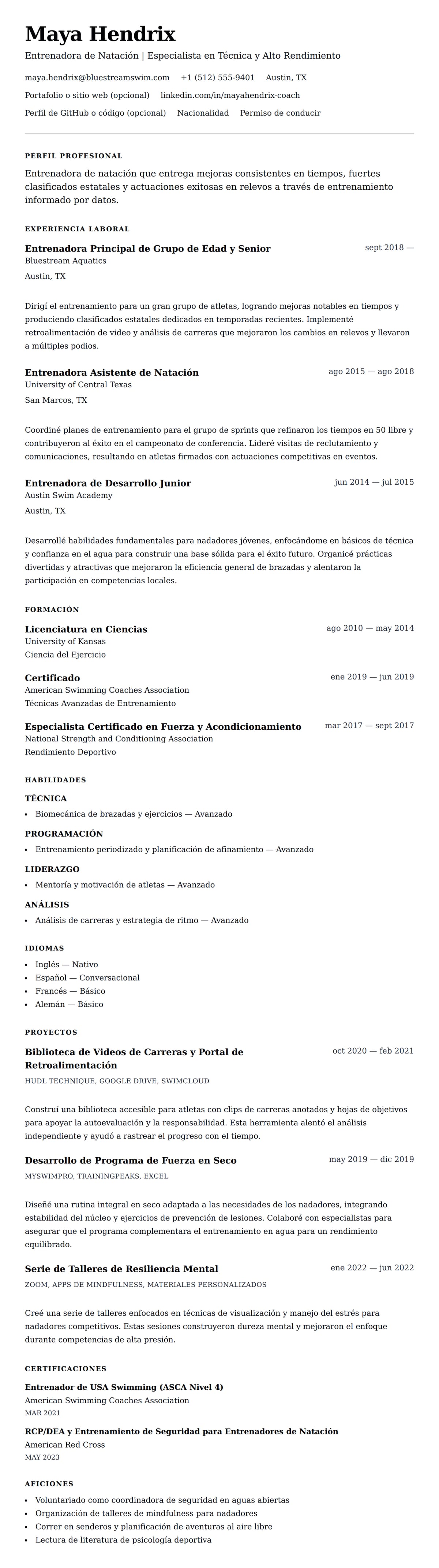 Vista previa del currículum Ejemplo de Currículum de Entrenador de Natación
