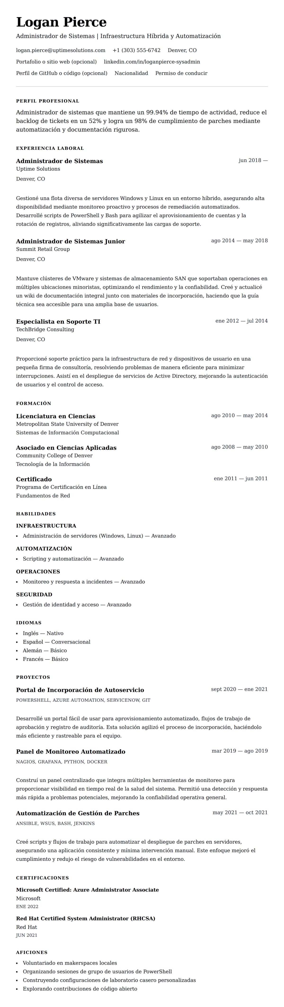 Vista previa del currículum Ejemplo de Currículum de Administrador de Sistemas
