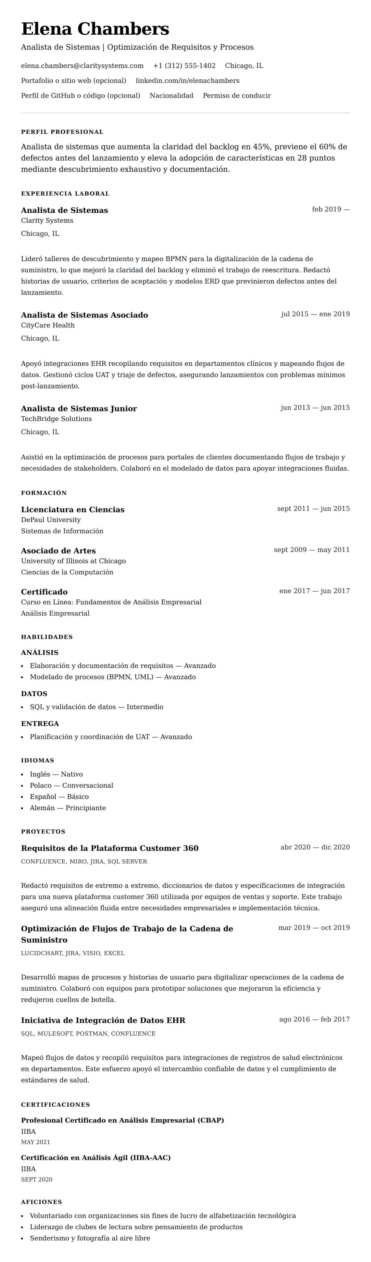 Vista previa del currículum Ejemplo de Currículum de Analista de Sistemas