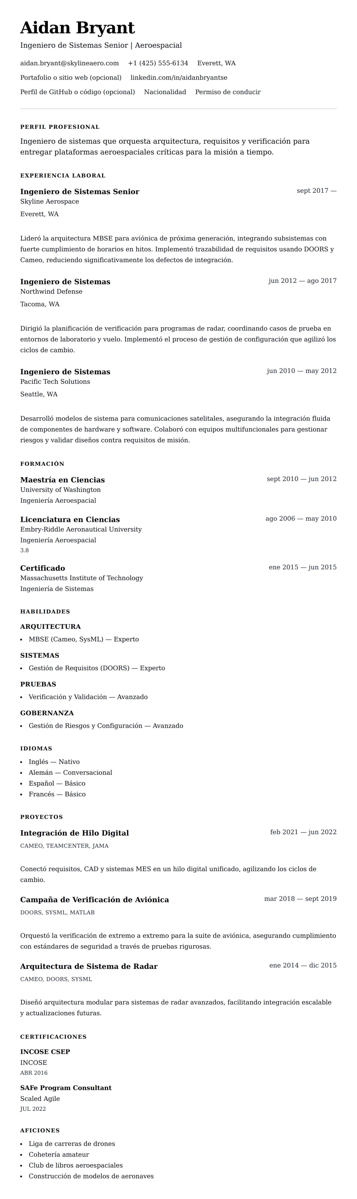 Vista previa del currículum Ejemplo de Currículum de Ingeniero de Sistemas