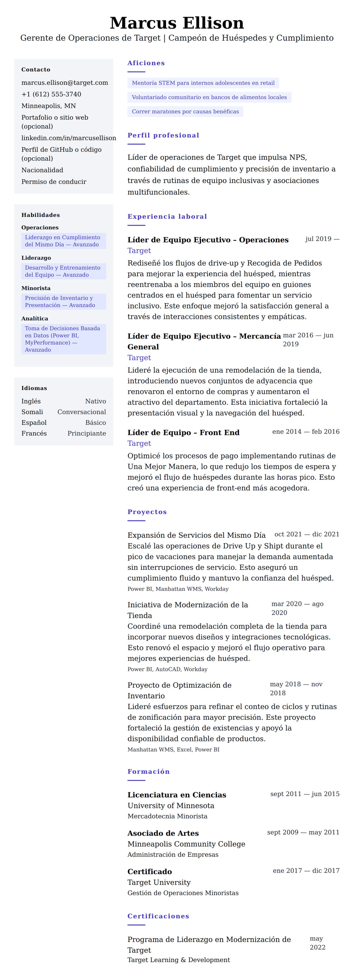 Vista previa del currículum Ejemplo de Currículum de Gerente de Operaciones de Target