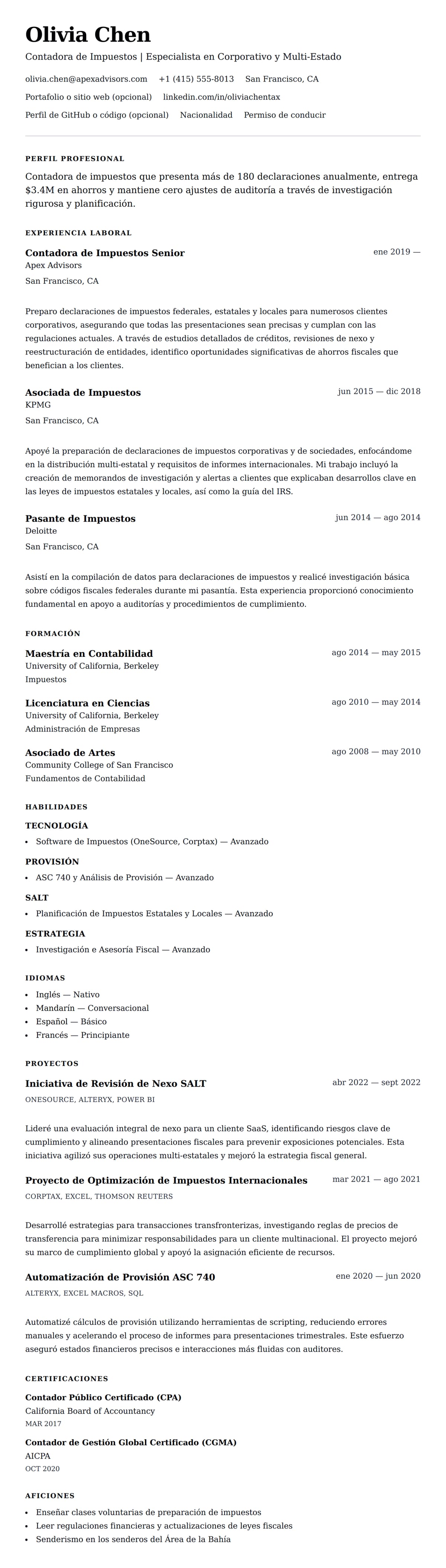 Vista previa del currículum Ejemplo de Currículum de Contador de Impuestos