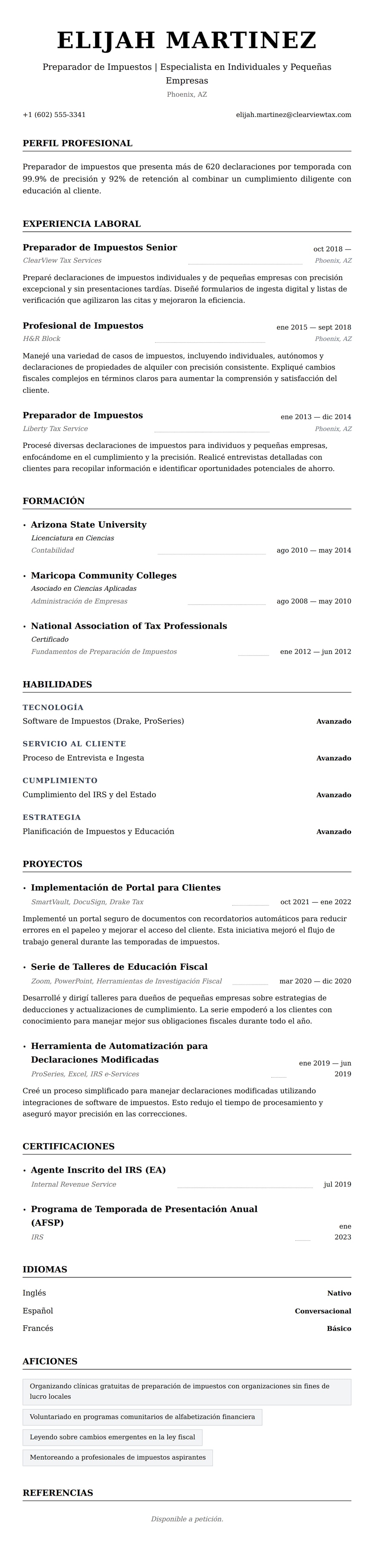 Vista previa del currículum Ejemplo de Currículum de Preparador de Impuestos