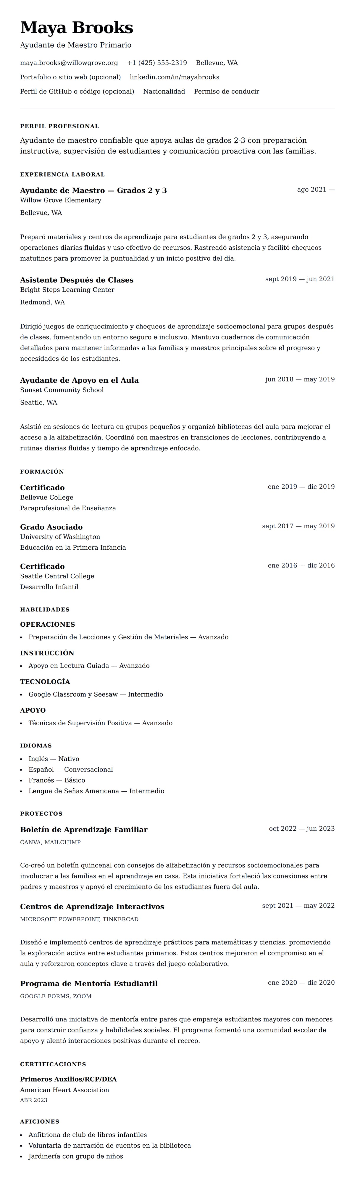 Vista previa del currículum Ejemplo de Currículum de Ayudante de Maestro