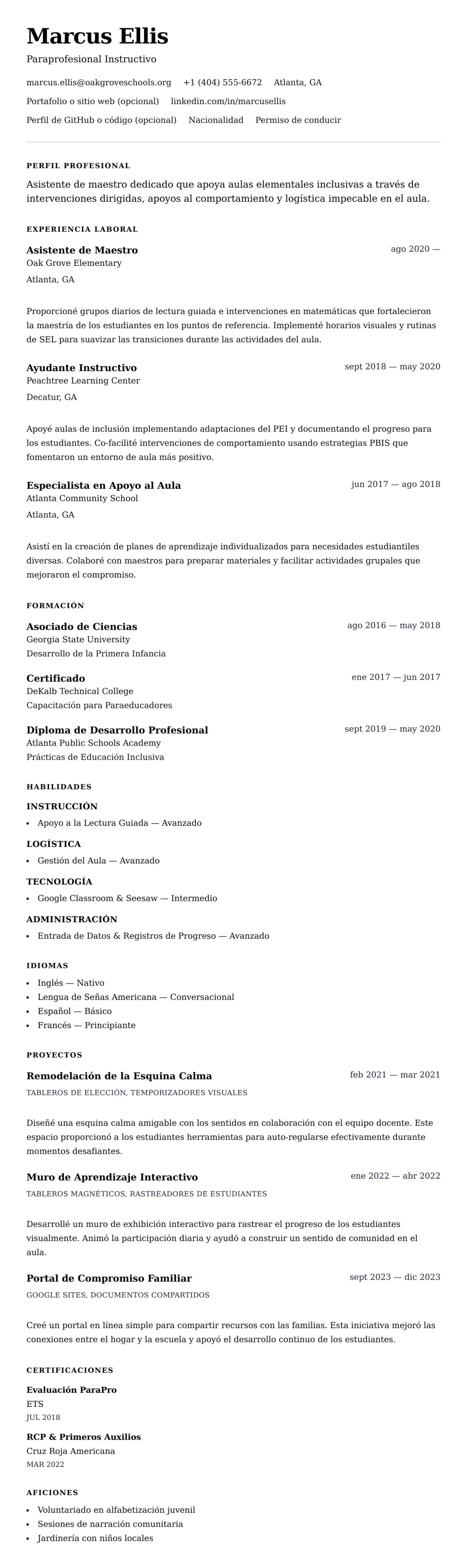 Vista previa del currículum Ejemplo de Currículum de Asistente de Maestro