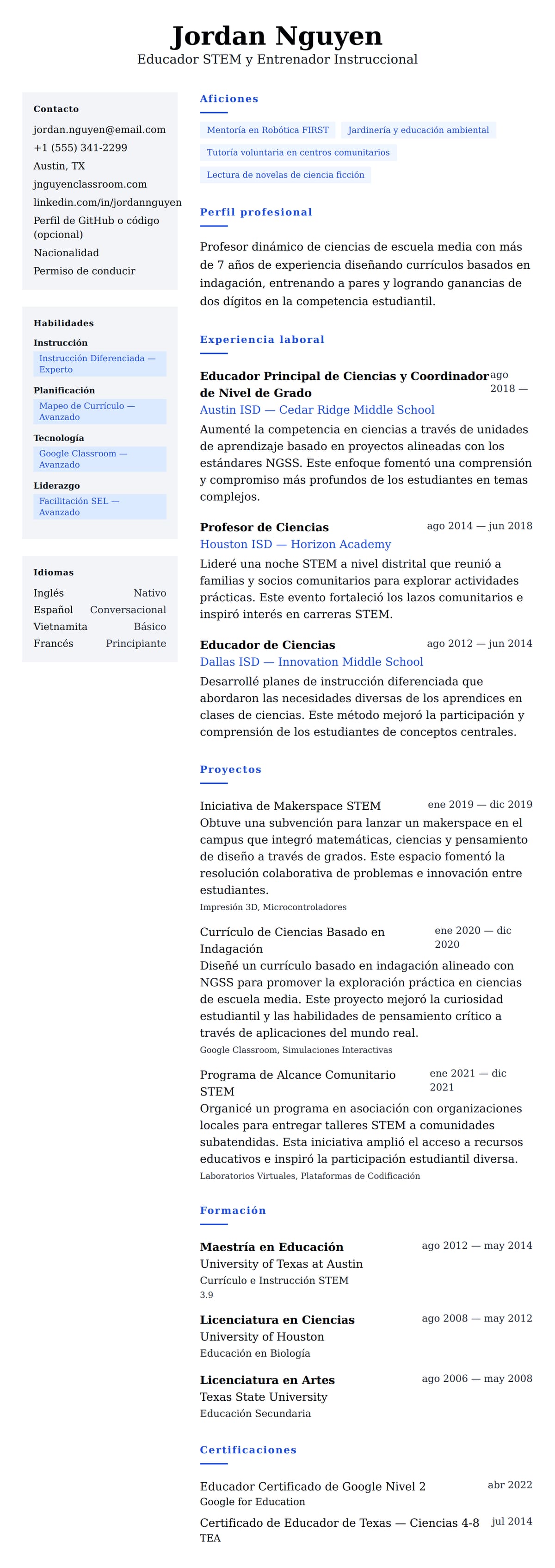 Vista previa del currículum Ejemplo de Currículum de Profesor