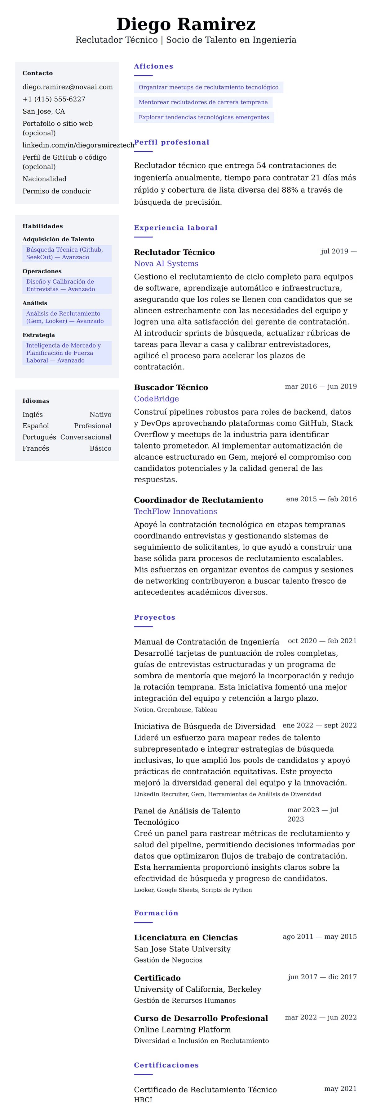 Vista previa del currículum Ejemplo de Currículum de Reclutador Técnico