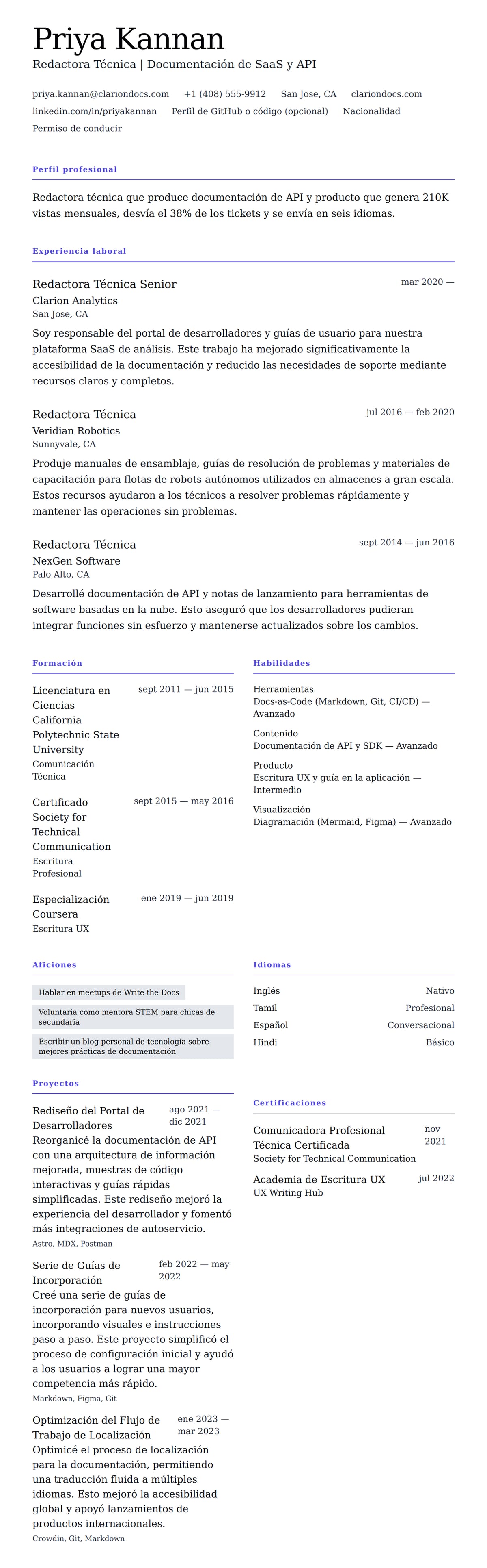 Vista previa del currículum Ejemplo de Currículum de Redactor Técnico