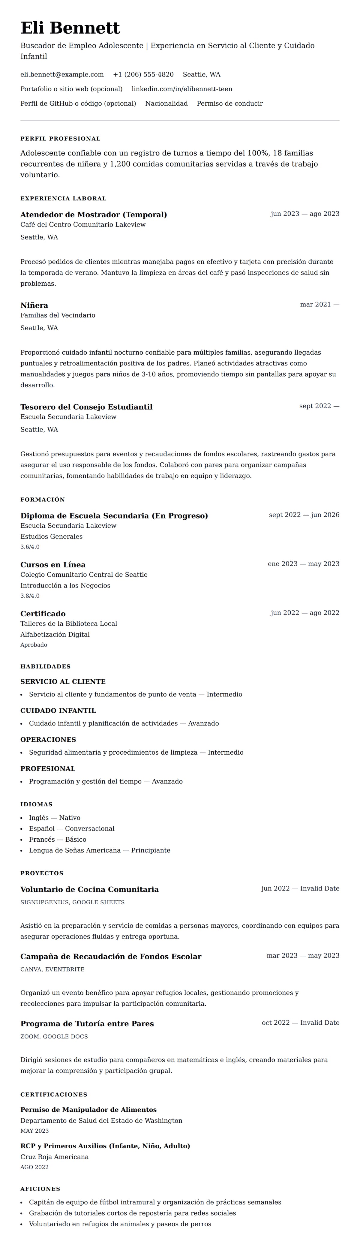 Vista previa del currículum Ejemplo de Currículum para Buscador de Empleo Adolescente