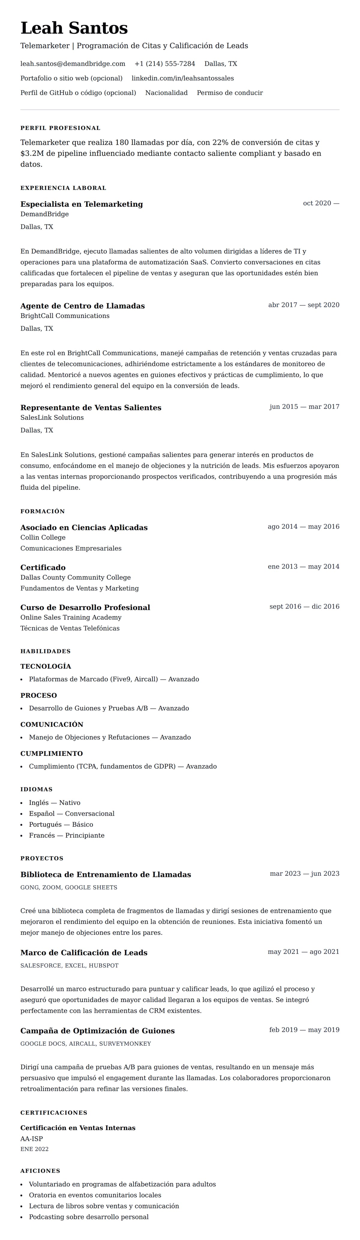 Vista previa del currículum Ejemplo de Currículum de Telemarketer
