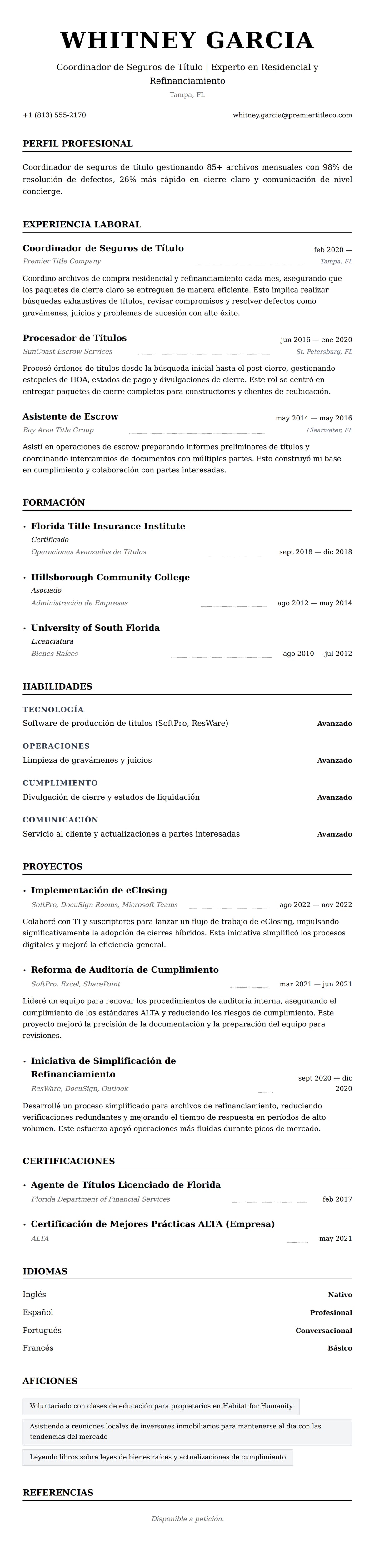 Vista previa del currículum Ejemplo de Currículum de Coordinador de Seguros de Título
