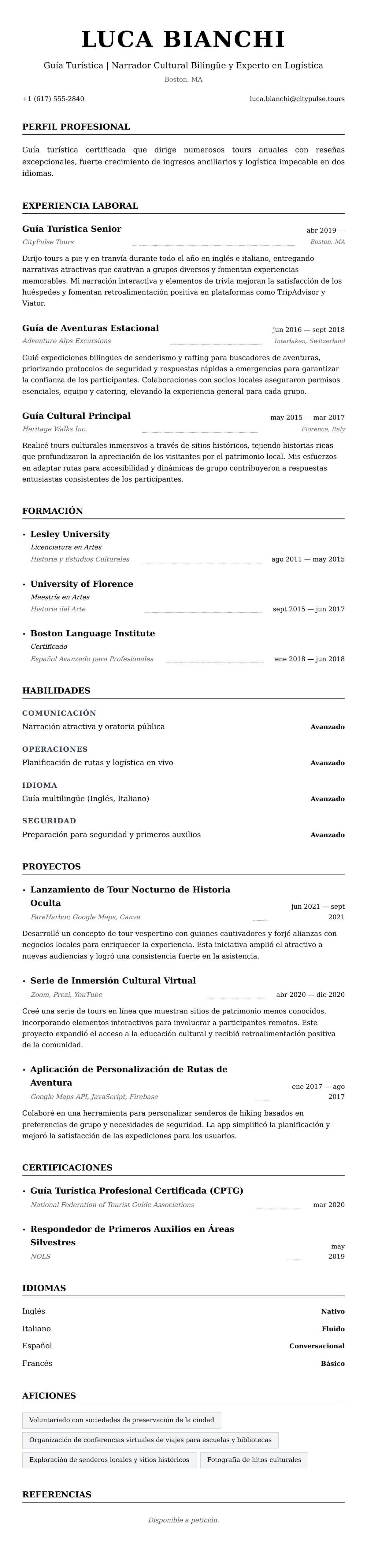 Vista previa del currículum Ejemplo de Currículum de Guía Turística