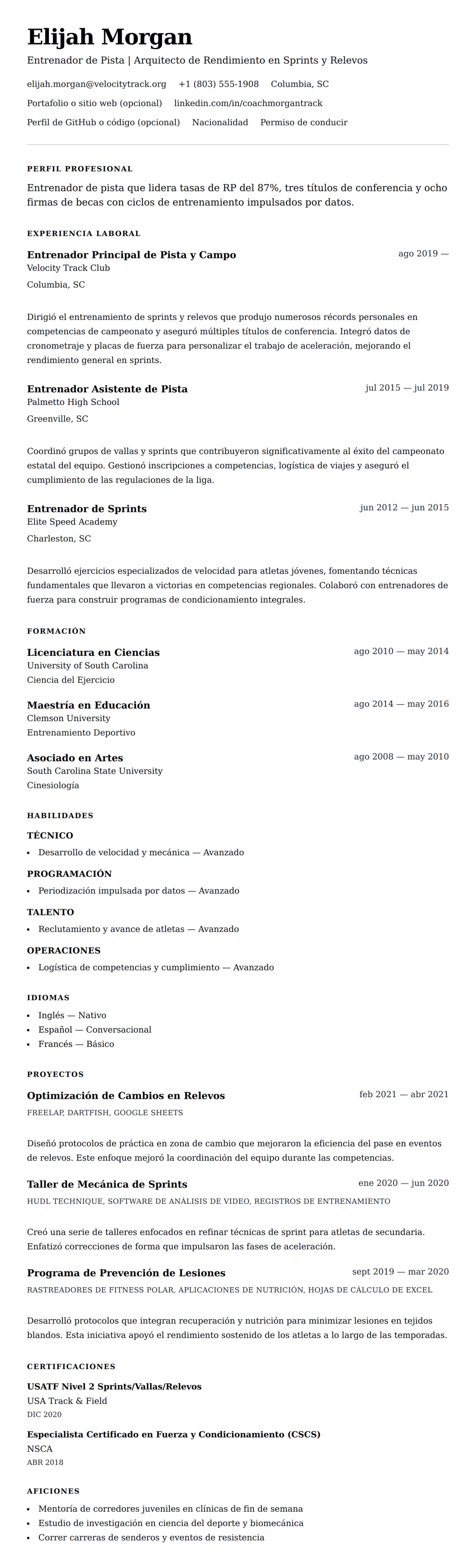 Vista previa del currículum Ejemplo de Currículum de Entrenador de Pista