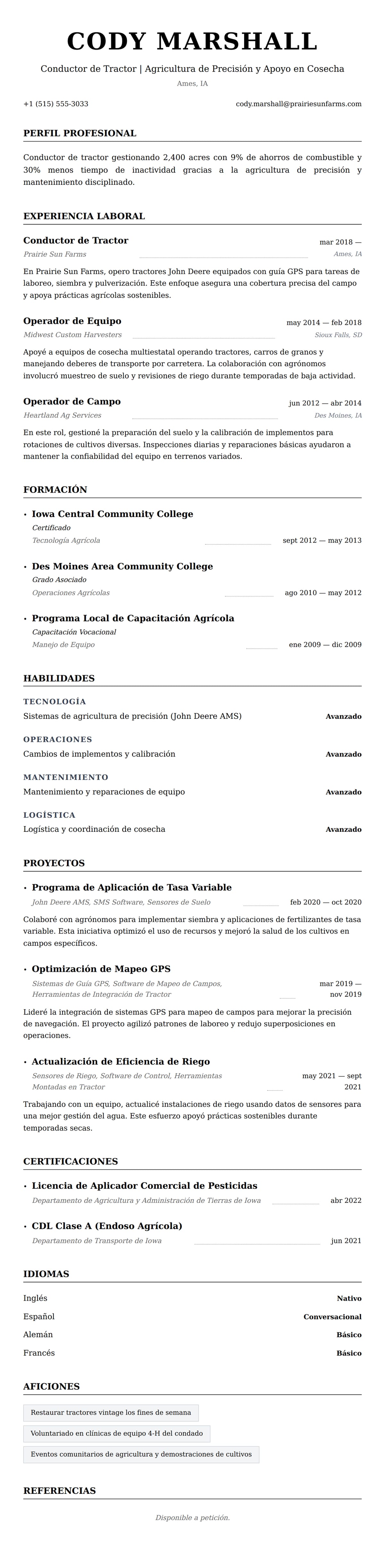 Vista previa del currículum Ejemplo de Currículum de Conductor de Tractor