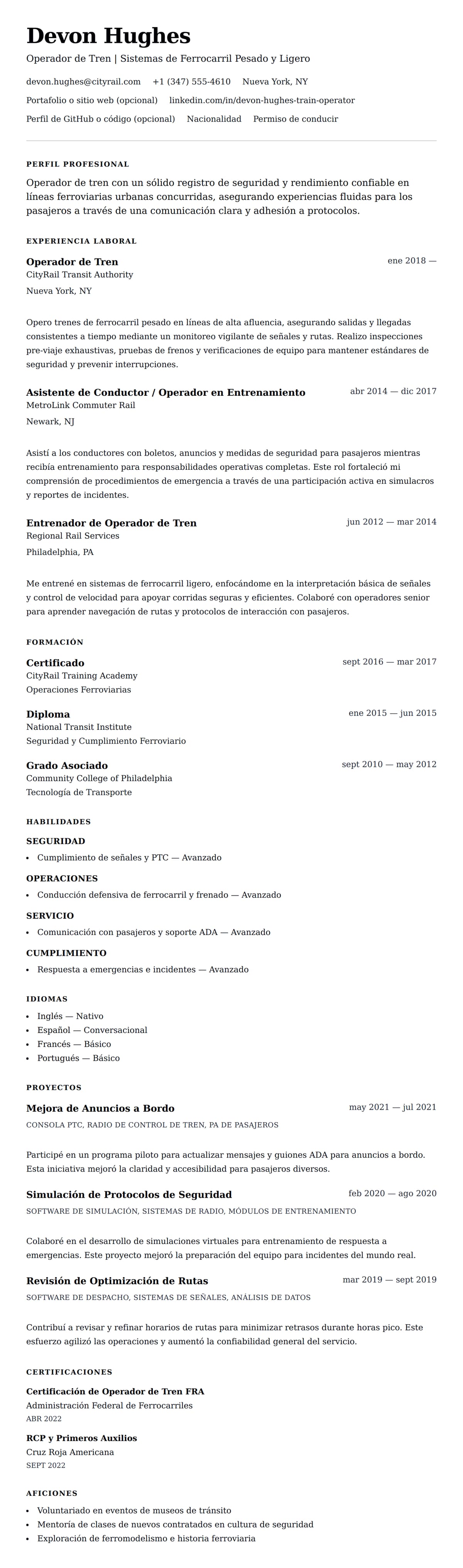 Vista previa del currículum Ejemplo de Currículum de Operador de Tren